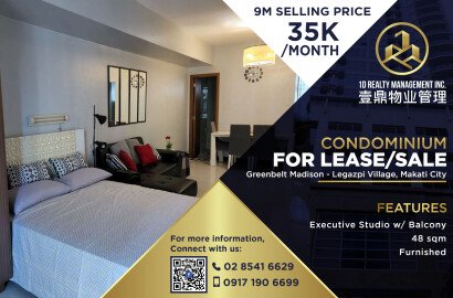 Greenbelt Madison Legazpi Village, Makati City - STUDIO UNIT FOR SALE AND LEASE